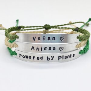 Vegan Bracelet with Custom Words, Powered By Plants, Ahimsa, For The Animals, Plantbased, Handstamped Vegetarian Bracelet, Gift For Vegans