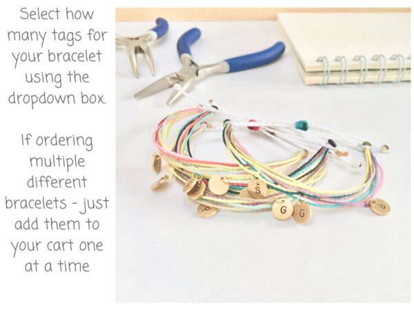 Custom Initial Bracelet, Brass Stamped Letter Charm, Any Colours Vegan Cord Multistrand Adjustable Wristband, Personalised Best Friend Gift - Image 3