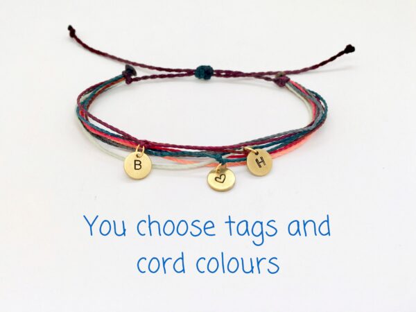 Custom Initial Bracelet, Brass Stamped Letter Charm, Any Colours Vegan Cord Multistrand Adjustable Wristband, Personalised Best Friend Gift