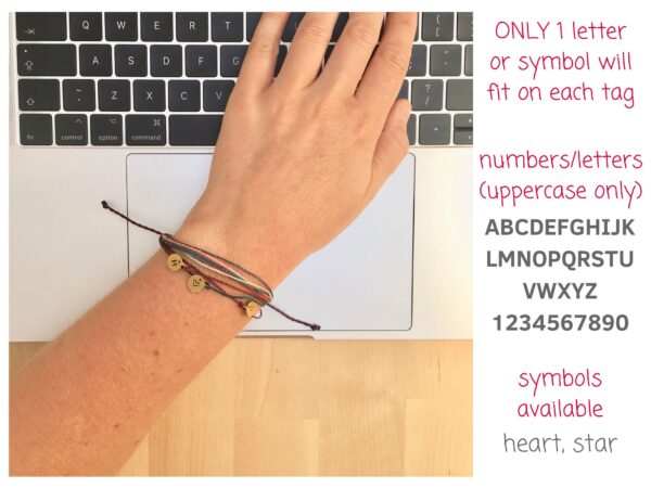 Custom Initial Bracelet, Brass Stamped Letter Charm, Any Colours Vegan Cord Multistrand Adjustable Wristband, Personalised Best Friend Gift - Image 2