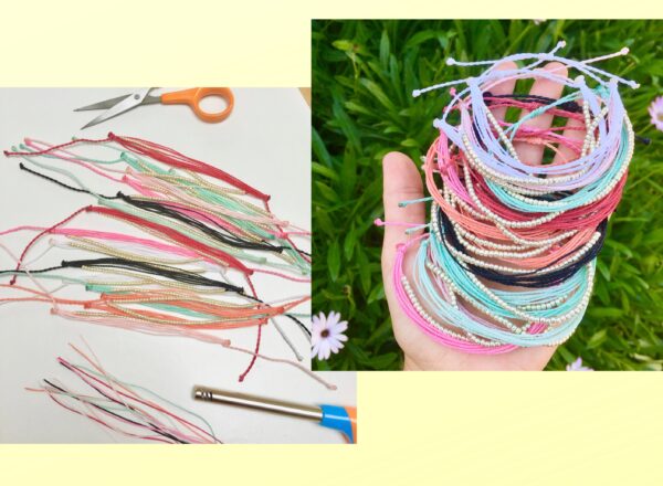 Custom Colour Beaded Bracelet, Size Adjustable Cord Band with Pale Gold Bead, Waterproof Vegan MultiStrand in your Personalised Colours - Image 6