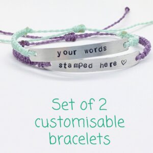 2 Personalised Words Custom Stamped Metal Wristbands, Couples Gift, Best Friend Gifts, Word Wrist Band Set, Pair of Coordinated Bracelets