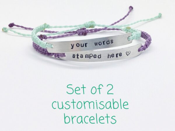 2 Personalised Words Custom Stamped Metal Wristbands, Couples Gift, Best Friend Gifts, Word Wrist Band Set, Pair of Coordinated Bracelets