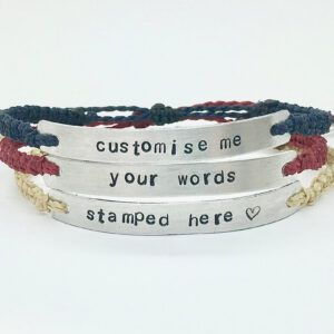 Personalised Word Bracelet, Custom Text Metal Bar Stamped Aluminium Macrame Phrase Bracelet, Name Date Intention Mantra Affirmation Gift