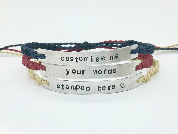 Personalised Word Bracelet, Custom Text Metal Bar Stamped Aluminium Macrame Phrase Bracelet, Name Date Intention Mantra Affirmation Gift