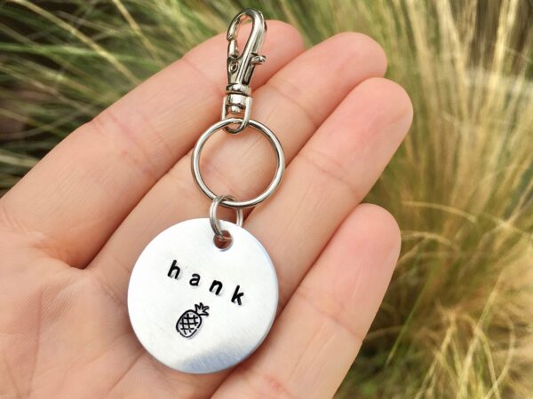 Pet Tag, Cute Custom Dog ID Disc, Puppy or Cat Lightweight Disc Silver Colour Metal, Personalised Rustic Handmade Pets Gifts, Non-Tarnish