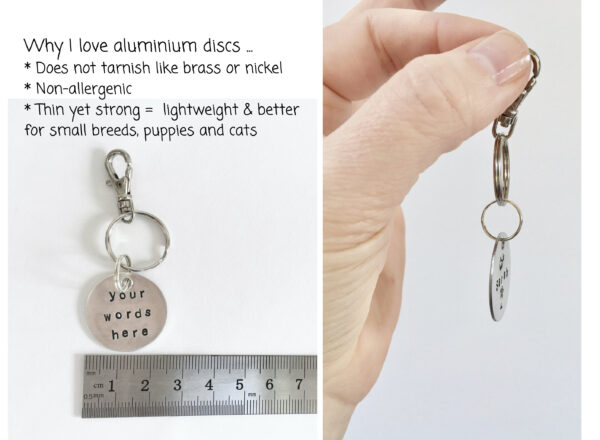 Pet Tag, Cute Custom Dog ID Disc, Puppy or Cat Lightweight Disc Silver Colour Metal, Personalised Rustic Handmade Pets Gifts, Non-Tarnish - Image 5