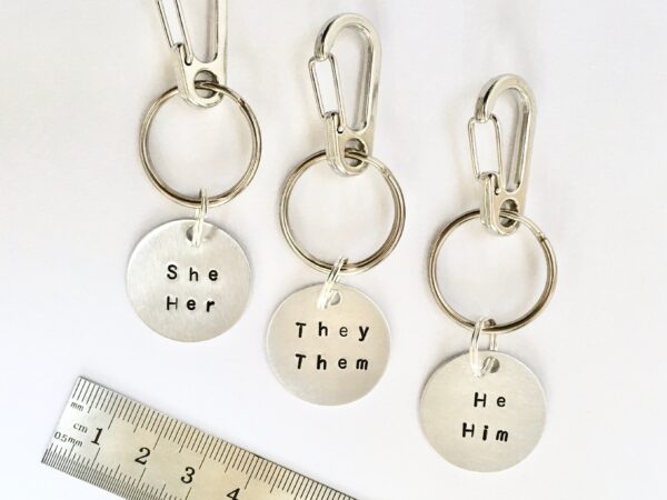 Pronoun Keychain, Custom They Them She Her He Him, Choose any Pronouns or Name, Trans Transgender Non Binary Genderfluid Genderqueer Gift