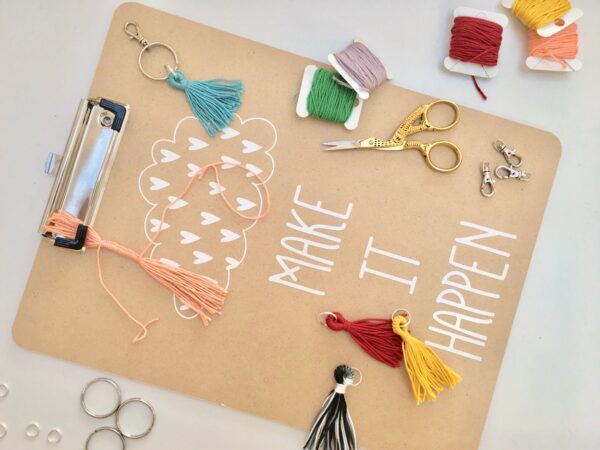 Set of 2 Keychains, Homemade Macrame Tassel Charm Keyrings, 90s Retro, Pink Peach Gold Bag Backpack Accessory, Back to School Surf Girl Gift - Image 7