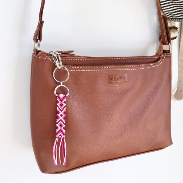 Set of 2 Keychains, Homemade Macrame Tassel Charm Keyrings, 90s Retro, Pink Peach Gold Bag Backpack Accessory, Back to School Surf Girl Gift - Image 3