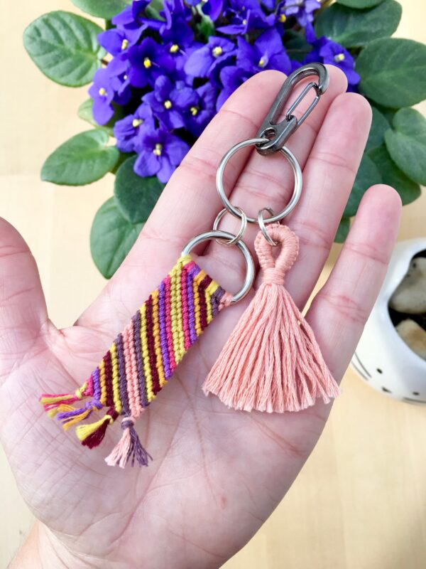 Set of 2 Keychains, Homemade Macrame Tassel Charm Keyrings, 90s Retro, Pink Peach Gold Bag Backpack Accessory, Back to School Surf Girl Gift - Image 2
