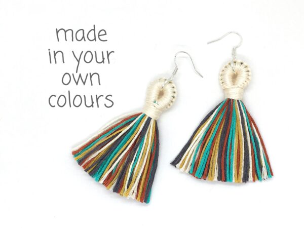 Custom Tassel Earrings, Personalise Colour Statement Drop Earring, Handmade Cotton Lightweight, 925 Sterling Silver Gifts under 10