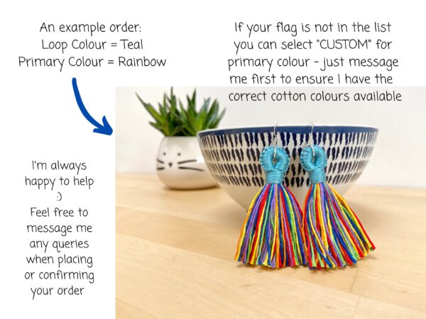 Pride Earrings, Custom LGBTQ Flag Ear Jewellery, Gay Rainbow Bisexual Trans Pan Lesbian Bi Ace, Queer Lightweight Light Cotton Tassels - Image 3