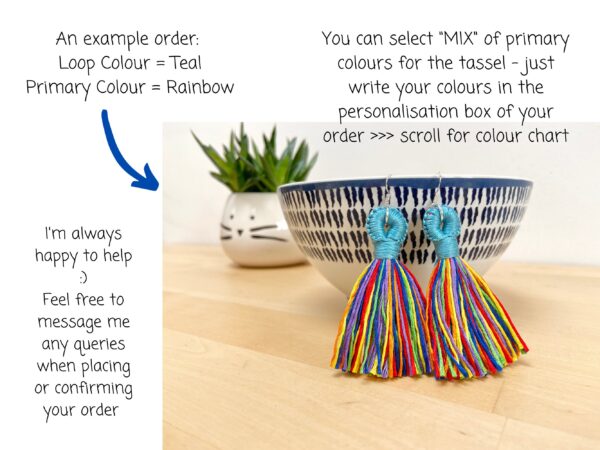 Custom Tassel Earrings, Personalise Colour Statement Drop Earring, Handmade Cotton Lightweight, 925 Sterling Silver Gifts under 10 - Image 4