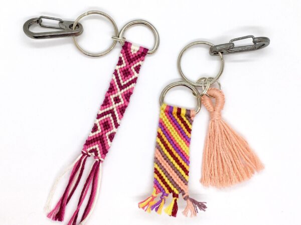 Set of 2 Keychains, Homemade Macrame Tassel Charm Keyrings, 90s Retro, Pink Peach Gold Bag Backpack Accessory, Back to School Surf Girl Gift