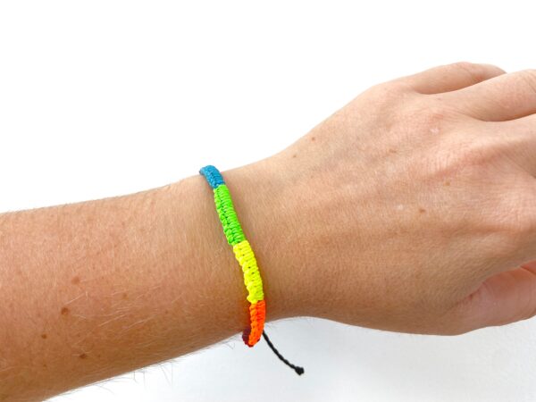 Customisable Neon Rainbow Lgbtqi Pride Flag Bracelet, Waterproof Vegan Waxed Cord, Inclusive Size Adjustable Slip On Wristband, Gay Lgbt - Image 2