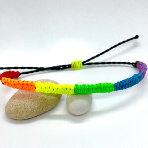 Customisable Neon Rainbow Lgbtqi Pride Flag Bracelet, Waterproof Vegan Waxed Cord, Inclusive Size Adjustable Slip On Wristband, Gay Lgbt