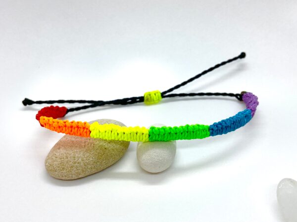 Customisable Neon Rainbow Lgbtqi Pride Flag Bracelet, Waterproof Vegan Waxed Cord, Inclusive Size Adjustable Slip On Wristband, Gay Lgbt