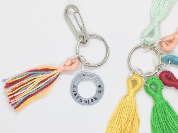 Custom Word Keyring, Personalised Colourful Tassel and Stamped Tag Keychain, Bag Purse Charm, New Home New Car, Kids Backpack Accessory