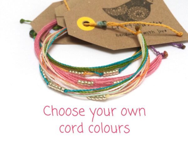 Custom Beaded Bracelet, Seed Bead Customisable Cord Colours in Waterproof Vegan Strong String, Stacking Bracelets, Girlfriend Gifts for Her
